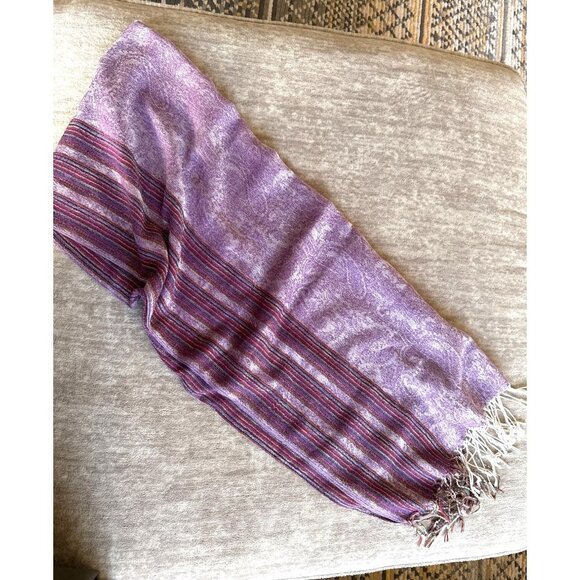 Purple Woven Paisley Scarf Dark Purple Stripes Fringe Gift - Picture 2 of 7